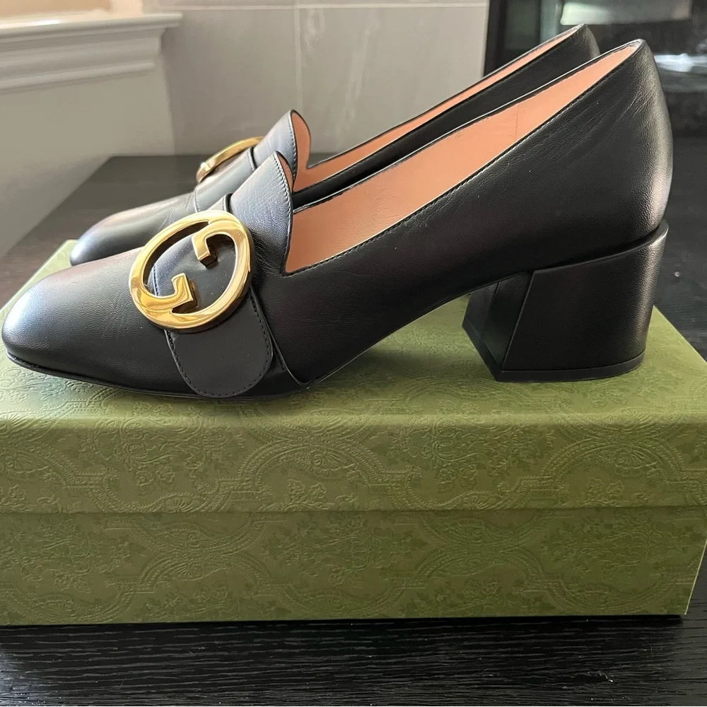 Gucci Woman Leather Malaga Kid Loafer Pump aka the Blonde Mid Heel Pumps - Picture 2 of 14